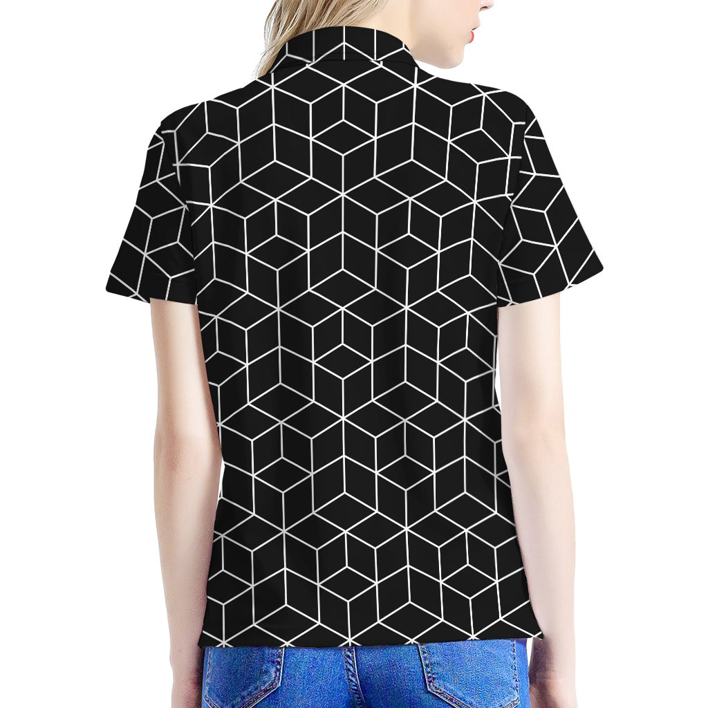 Black Geometric Cube Shape Pattern Print Women's Polo Shirt