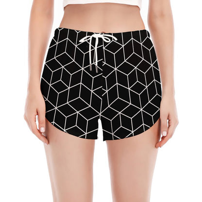 Black Geometric Cube Shape Pattern Print Women's Split Running Shorts