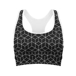 Black Geometric Cube Shape Pattern Print Women's Sports Bra