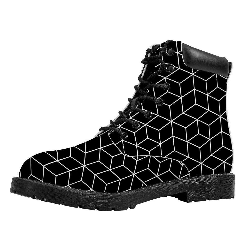 Black Geometric Cube Shape Pattern Print Work Boots