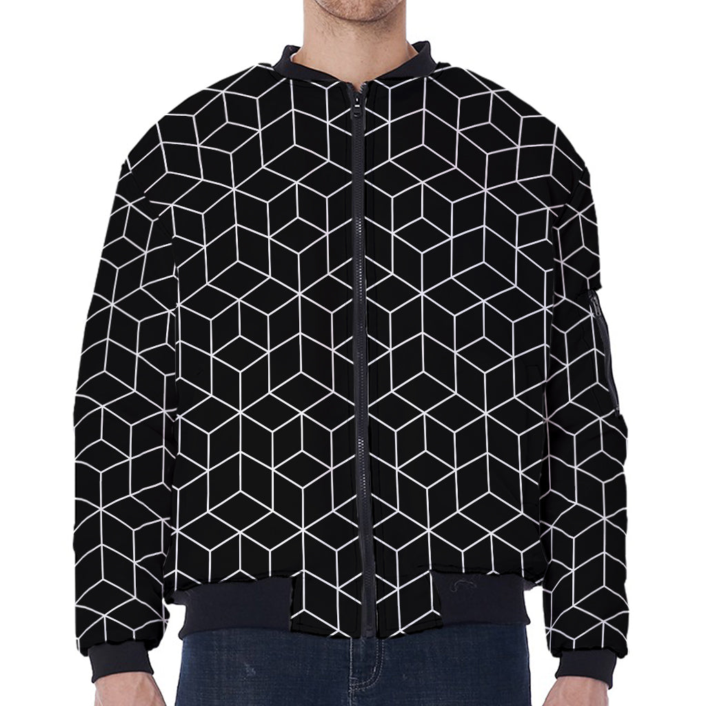 Black Geometric Cube Shape Pattern Print Zip Sleeve Bomber Jacket