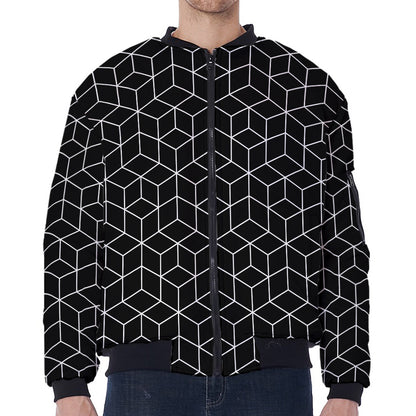 Black Geometric Cube Shape Pattern Print Zip Sleeve Bomber Jacket