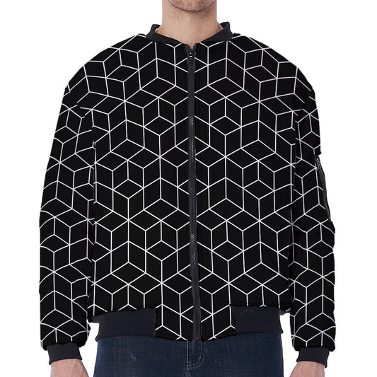 Black Geometric Cube Shape Pattern Print Zip Sleeve Bomber Jacket