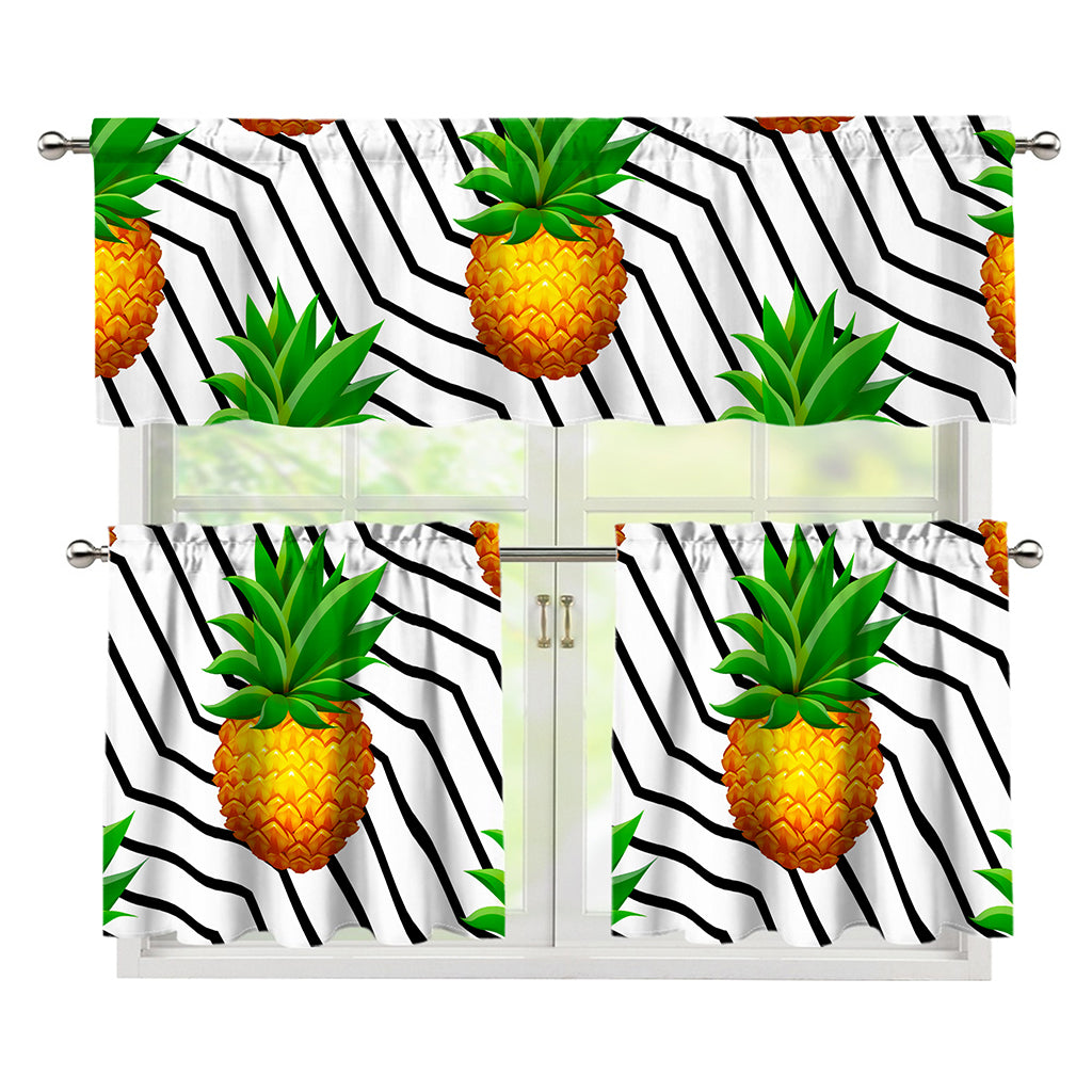 Black Geometric Pineapple Pattern Print 3 Piece Kitchen Curtains