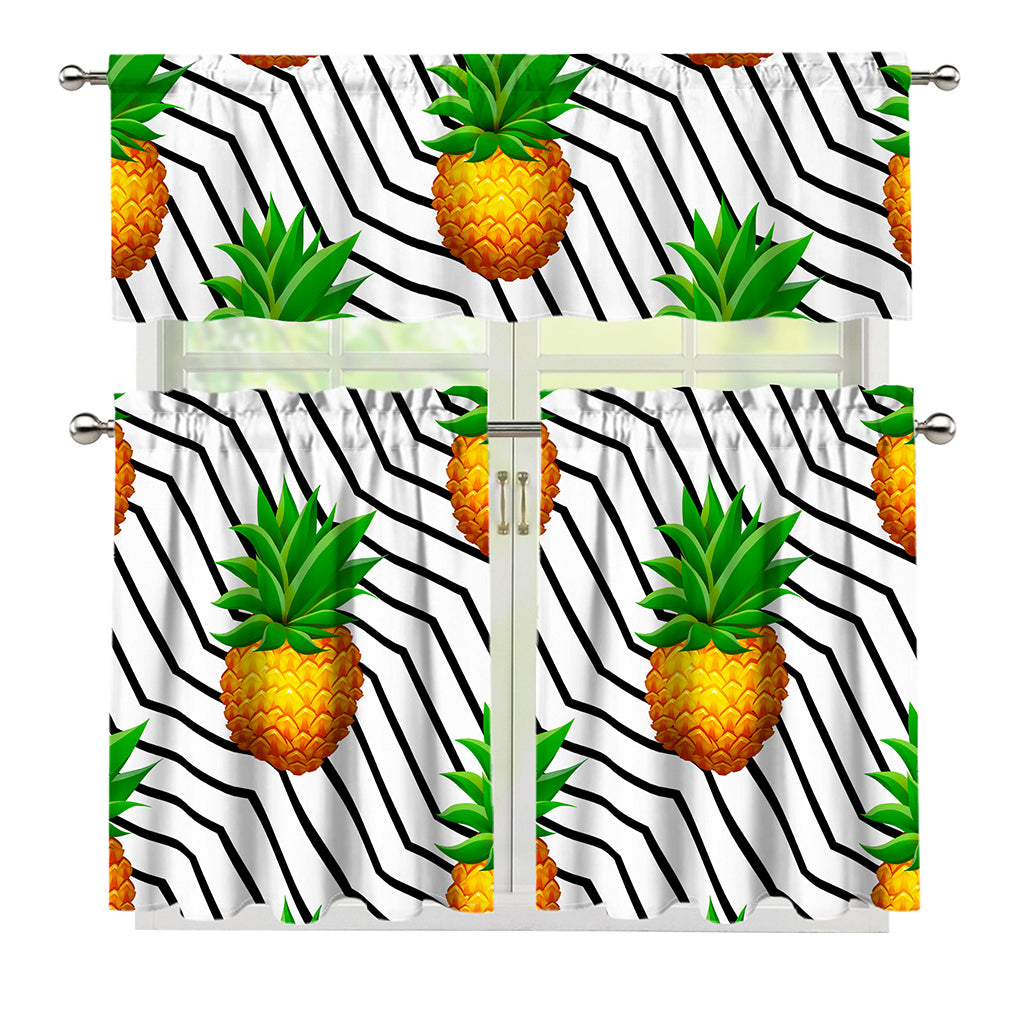 Black Geometric Pineapple Pattern Print 3 Piece Kitchen Curtains