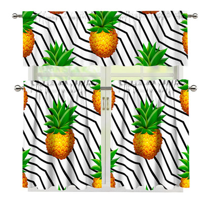 Black Geometric Pineapple Pattern Print 3 Piece Kitchen Curtains