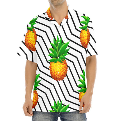 Black Geometric Pineapple Pattern Print Aloha Shirt