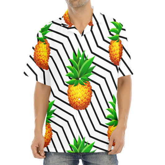 Black Geometric Pineapple Pattern Print Aloha Shirt