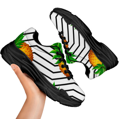 Black Geometric Pineapple Pattern Print Black Chunky Shoes
