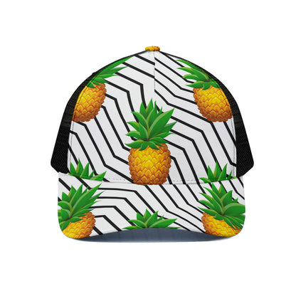 Black Geometric Pineapple Pattern Print Black Mesh Trucker Cap