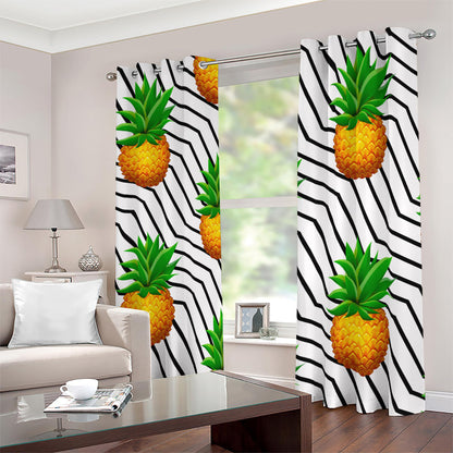Black Geometric Pineapple Pattern Print Blackout Grommet Curtains