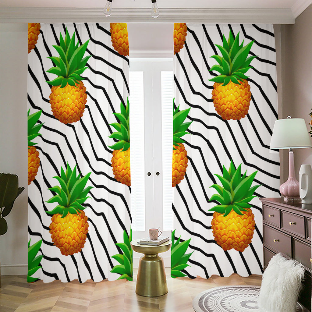 Black Geometric Pineapple Pattern Print Blackout Pencil Pleat Curtains