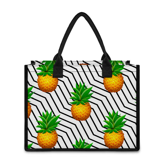 Black Geometric Pineapple Pattern Print Canvas Tote Bag