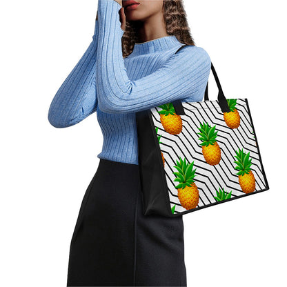 Black Geometric Pineapple Pattern Print Canvas Tote Bag