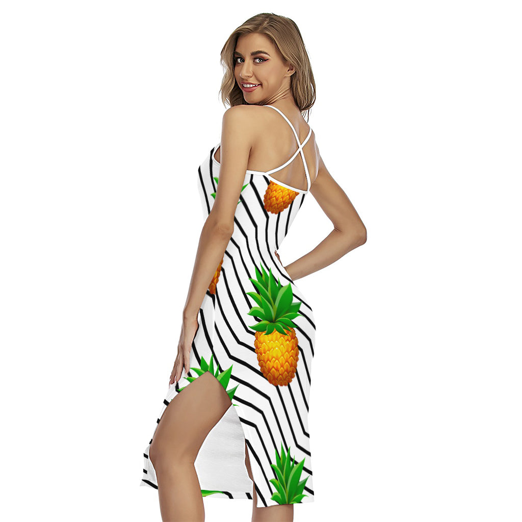 Black Geometric Pineapple Pattern Print Cross Back Cami Dress
