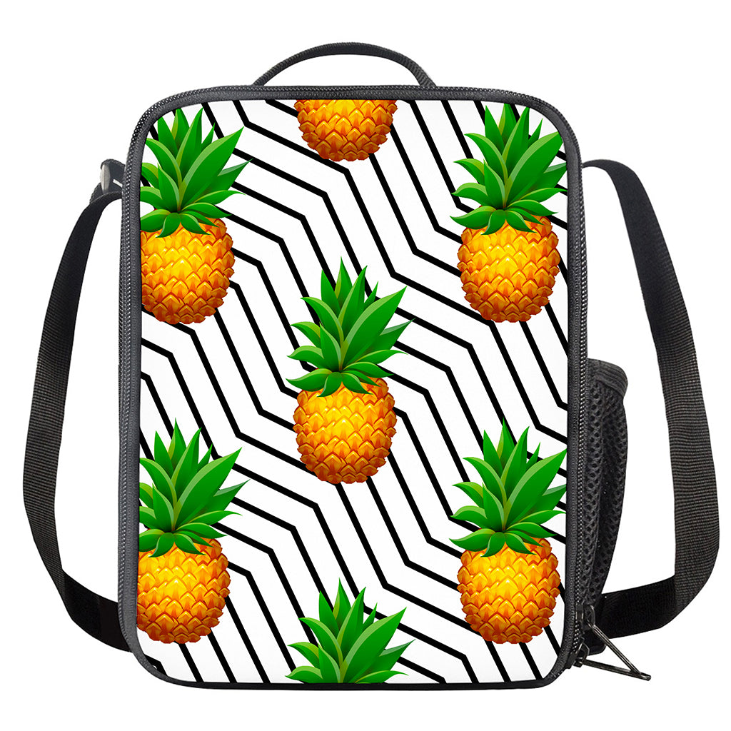 Black Geometric Pineapple Pattern Print Crossbody Lunch Bag