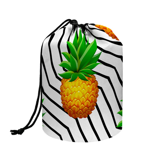 Black Geometric Pineapple Pattern Print Drawstring Makeup Bag