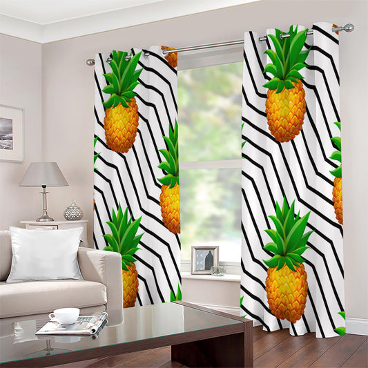 Black Geometric Pineapple Pattern Print Extra Wide Grommet Curtains