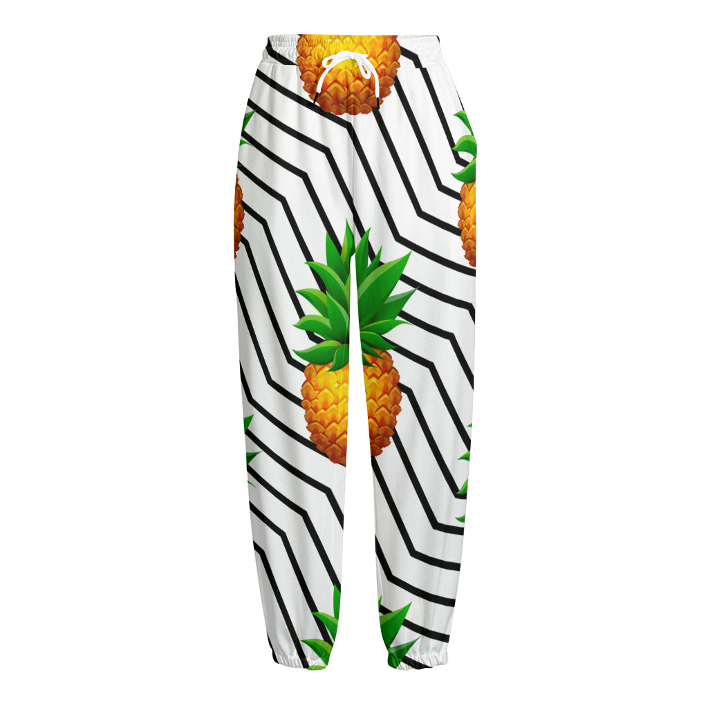 Black Geometric Pineapple Pattern Print Fleece Lined Knit Pants