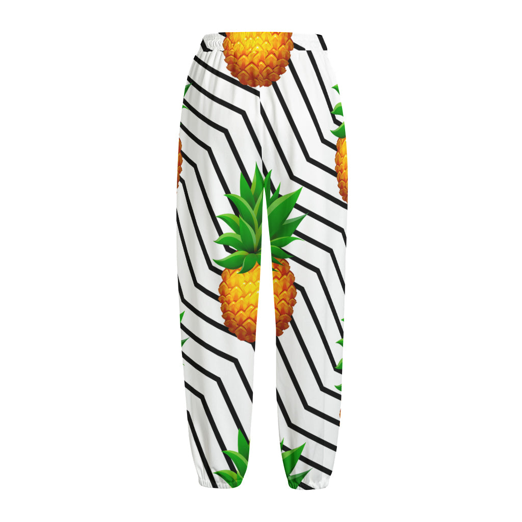 Black Geometric Pineapple Pattern Print Fleece Lined Knit Pants