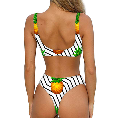 Black Geometric Pineapple Pattern Print Front Bow Tie Bikini