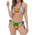 Black Geometric Pineapple Pattern Print Halter Scoop Tie Side Bikini