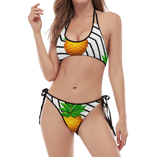 Black Geometric Pineapple Pattern Print Halter Scoop Tie Side Bikini