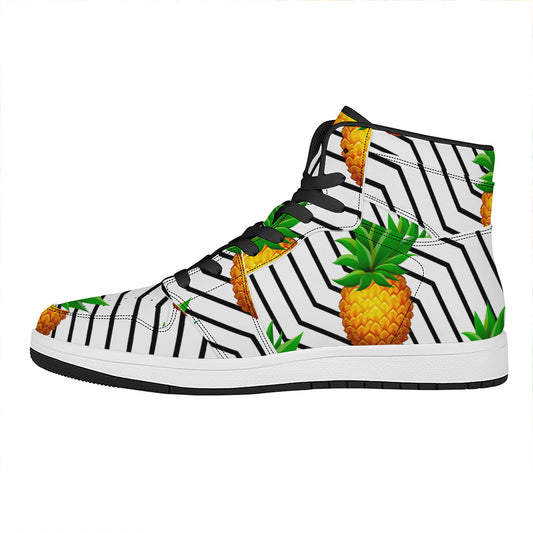Black Geometric Pineapple Pattern Print High Top Leather Sneakers