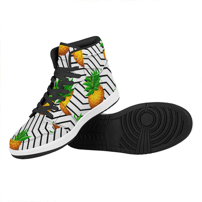 Black Geometric Pineapple Pattern Print High Top Leather Sneakers