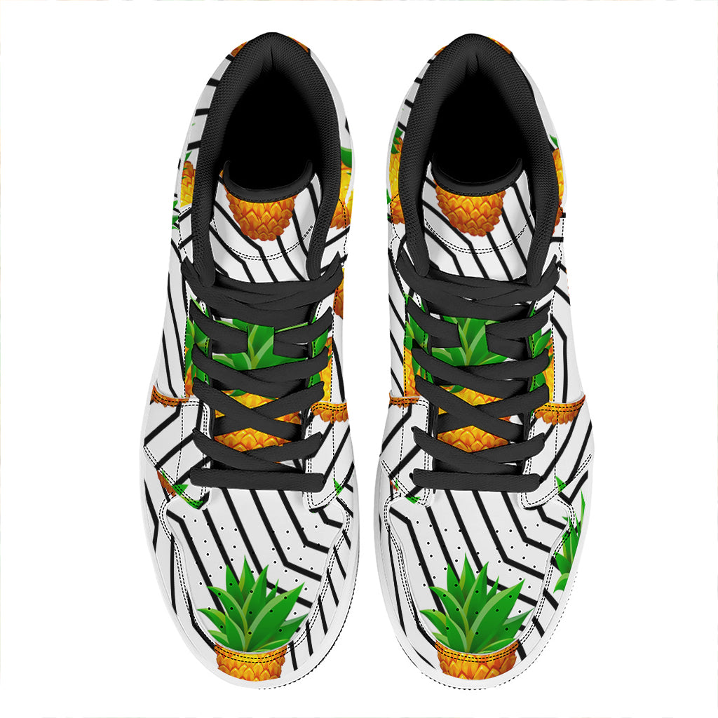 Black Geometric Pineapple Pattern Print High Top Leather Sneakers
