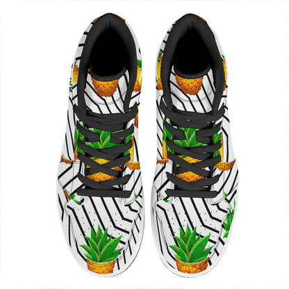 Black Geometric Pineapple Pattern Print High Top Leather Sneakers