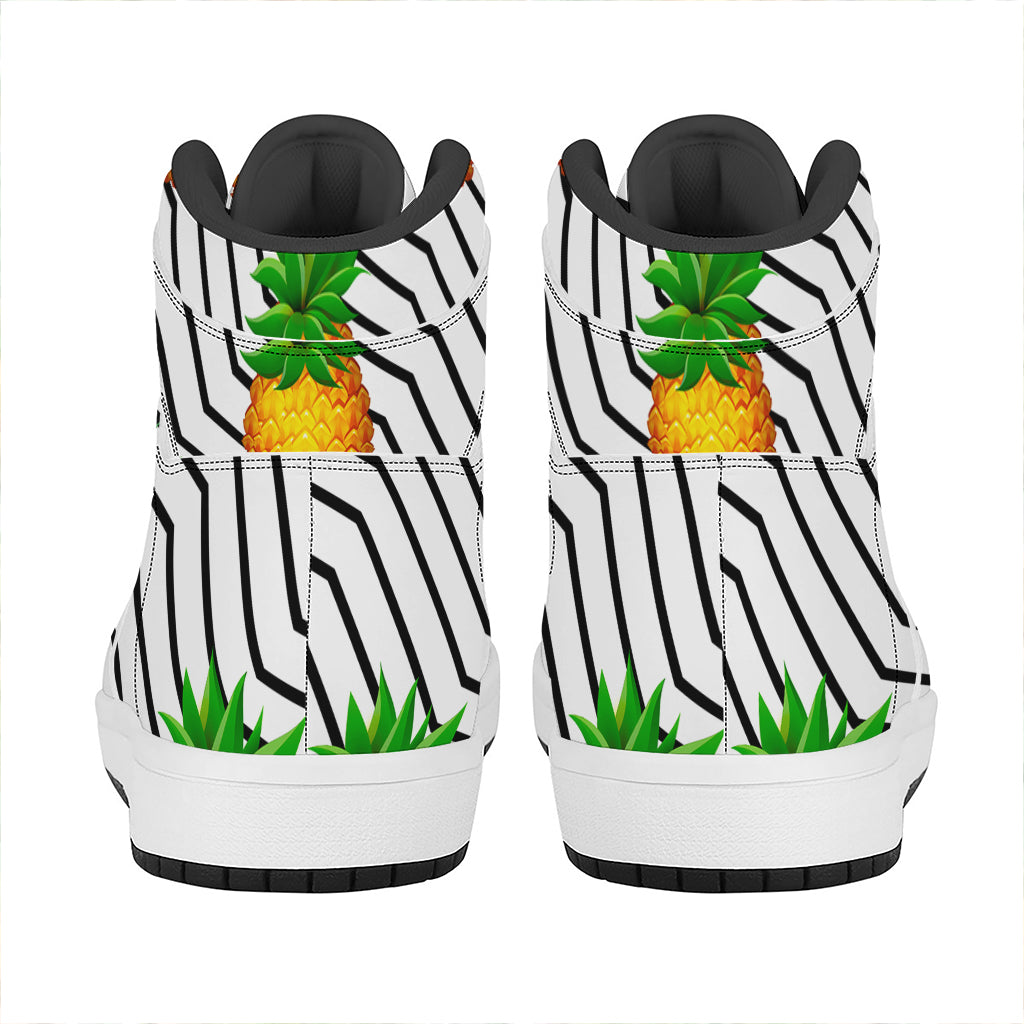 Black Geometric Pineapple Pattern Print High Top Leather Sneakers