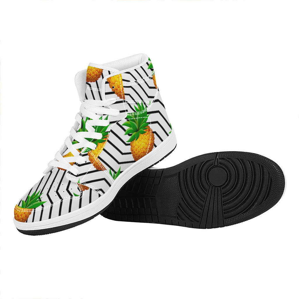 Black Geometric Pineapple Pattern Print High Top Leather Sneakers