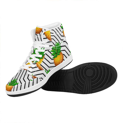 Black Geometric Pineapple Pattern Print High Top Leather Sneakers