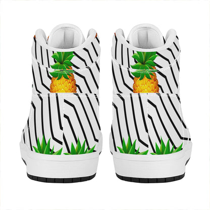 Black Geometric Pineapple Pattern Print High Top Leather Sneakers