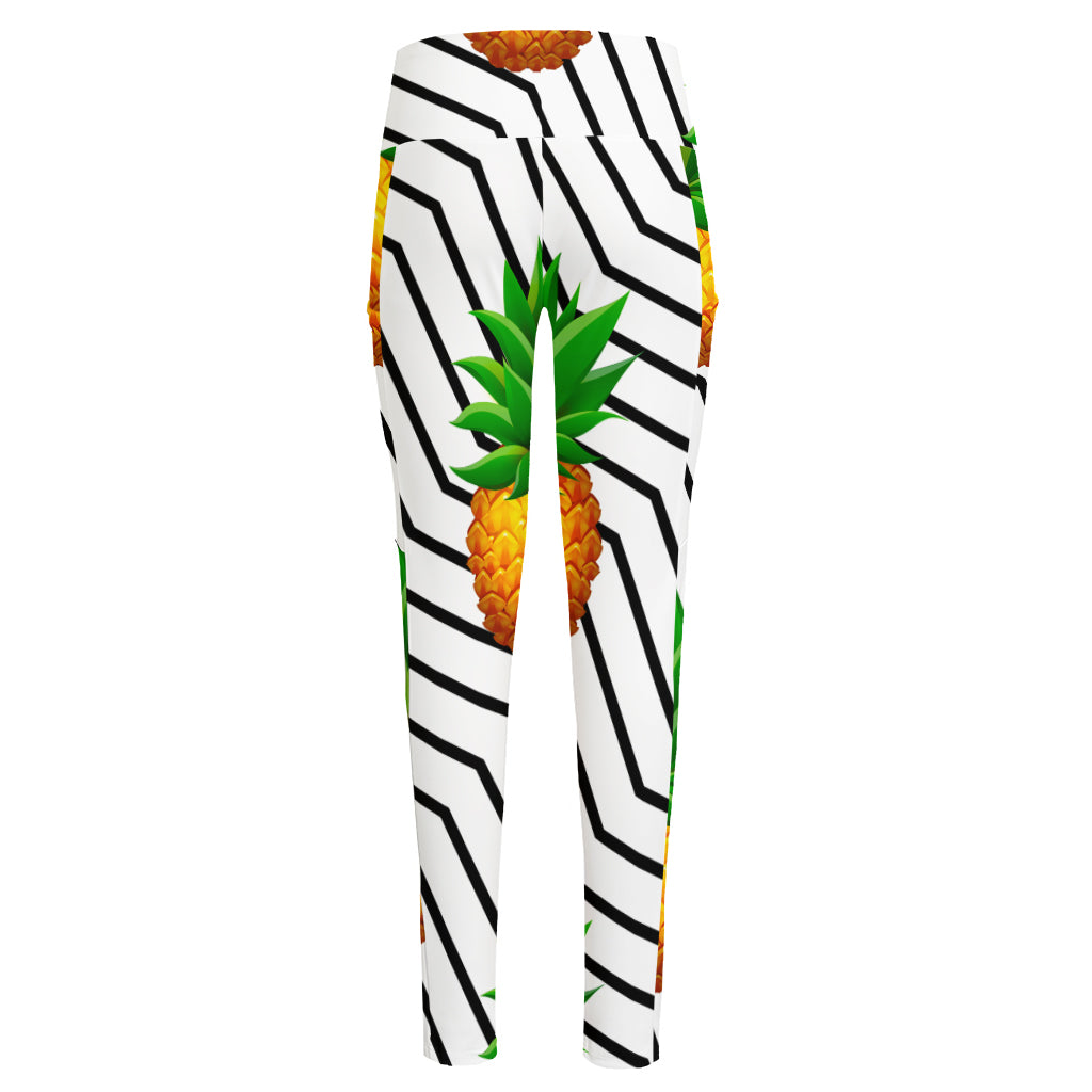 Black Geometric Pineapple Pattern Print High-Waisted Pocket Leggings