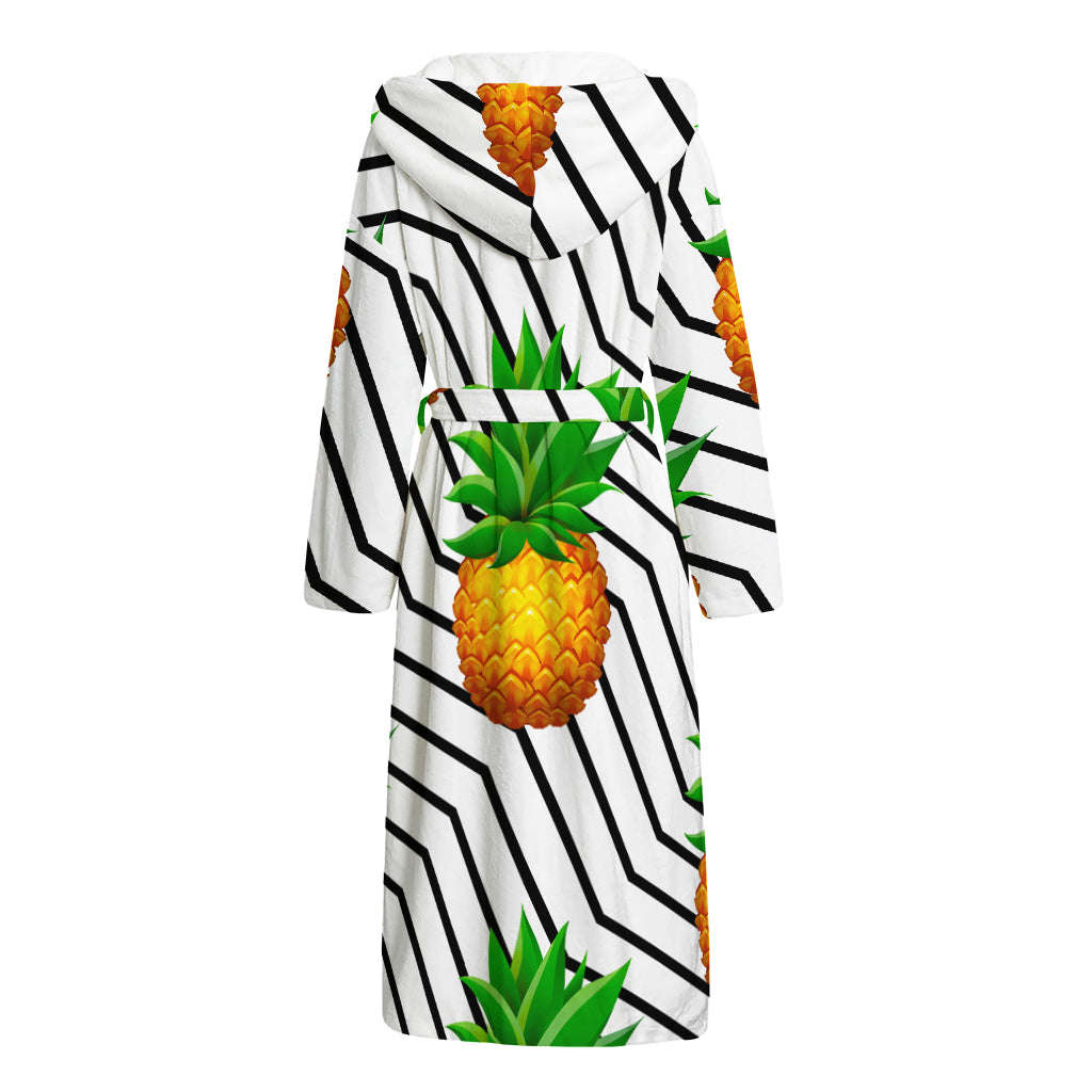 Black Geometric Pineapple Pattern Print Hooded Bathrobe