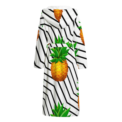 Black Geometric Pineapple Pattern Print Hooded Bathrobe