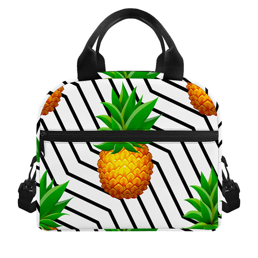 Black Geometric Pineapple Pattern Print Insulated Lunch Bag