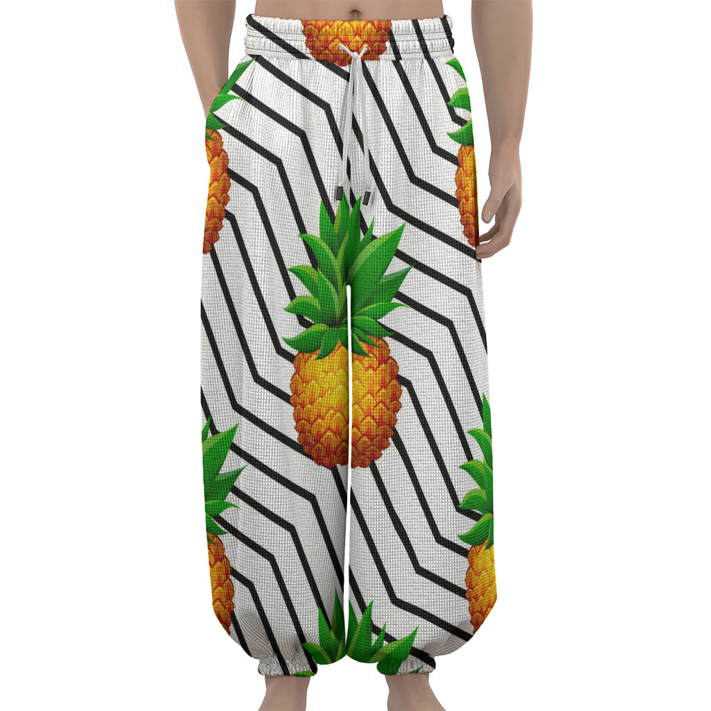 Black Geometric Pineapple Pattern Print Lantern Pants