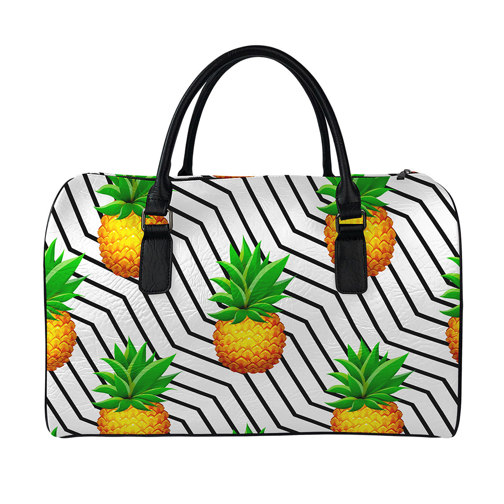 Black Geometric Pineapple Pattern Print Leather Duffle Bag