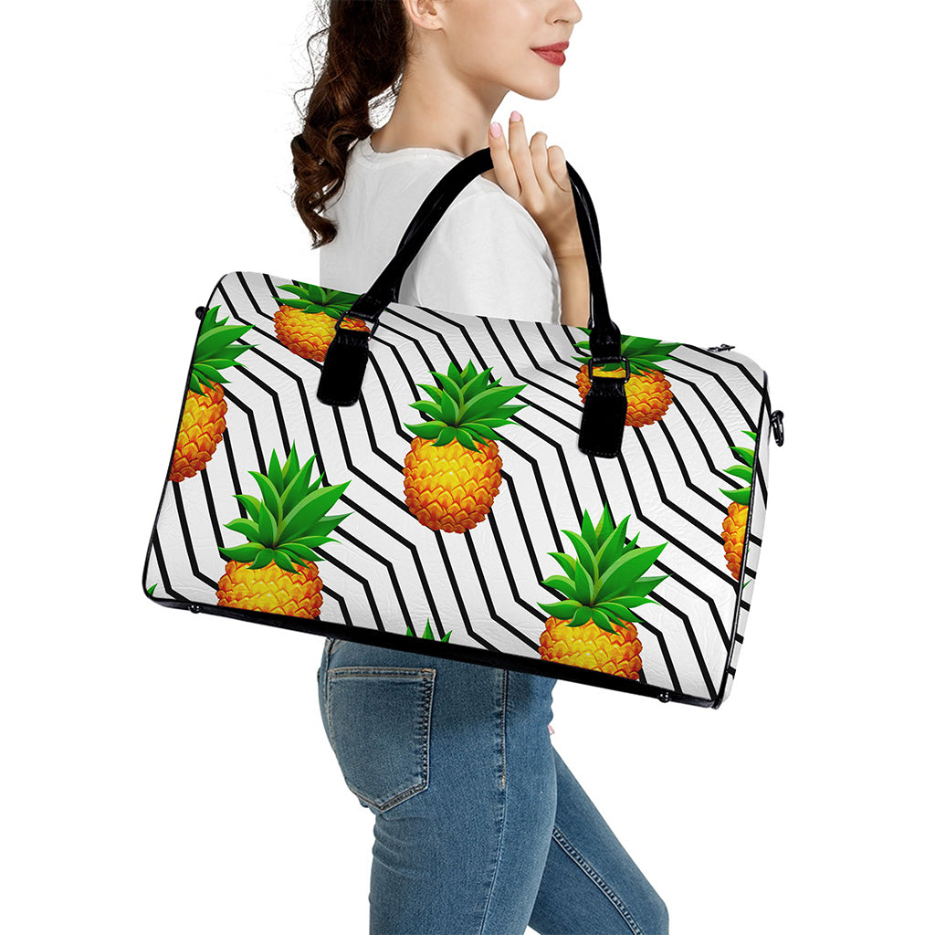 Black Geometric Pineapple Pattern Print Leather Duffle Bag