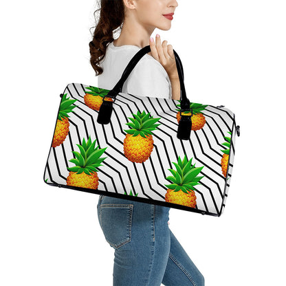 Black Geometric Pineapple Pattern Print Leather Duffle Bag