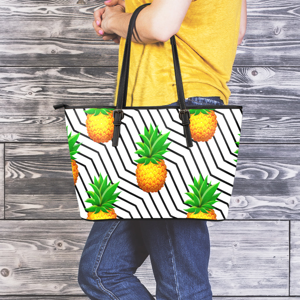 Black Geometric Pineapple Pattern Print Leather Tote Bag