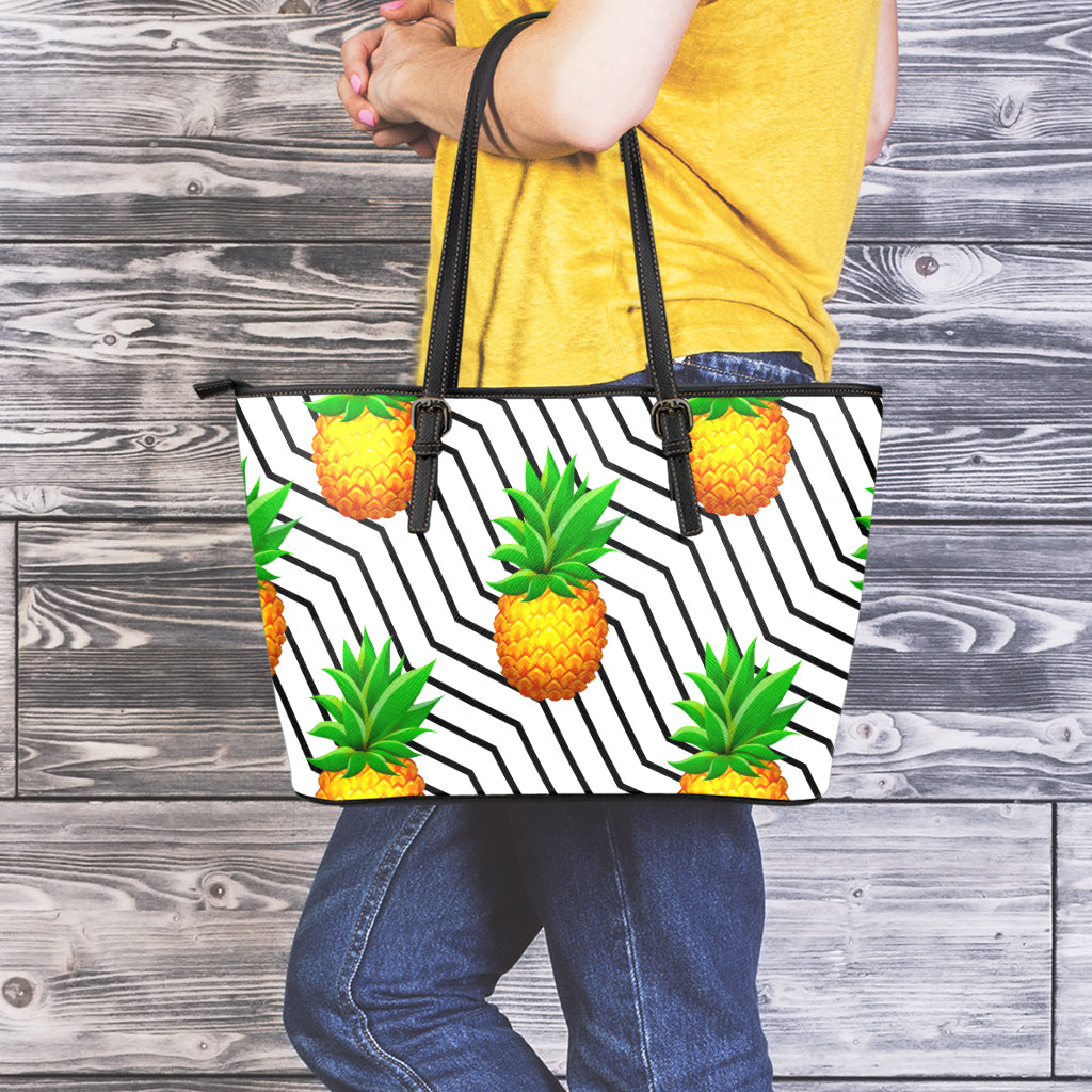 Black Geometric Pineapple Pattern Print Leather Tote Bag