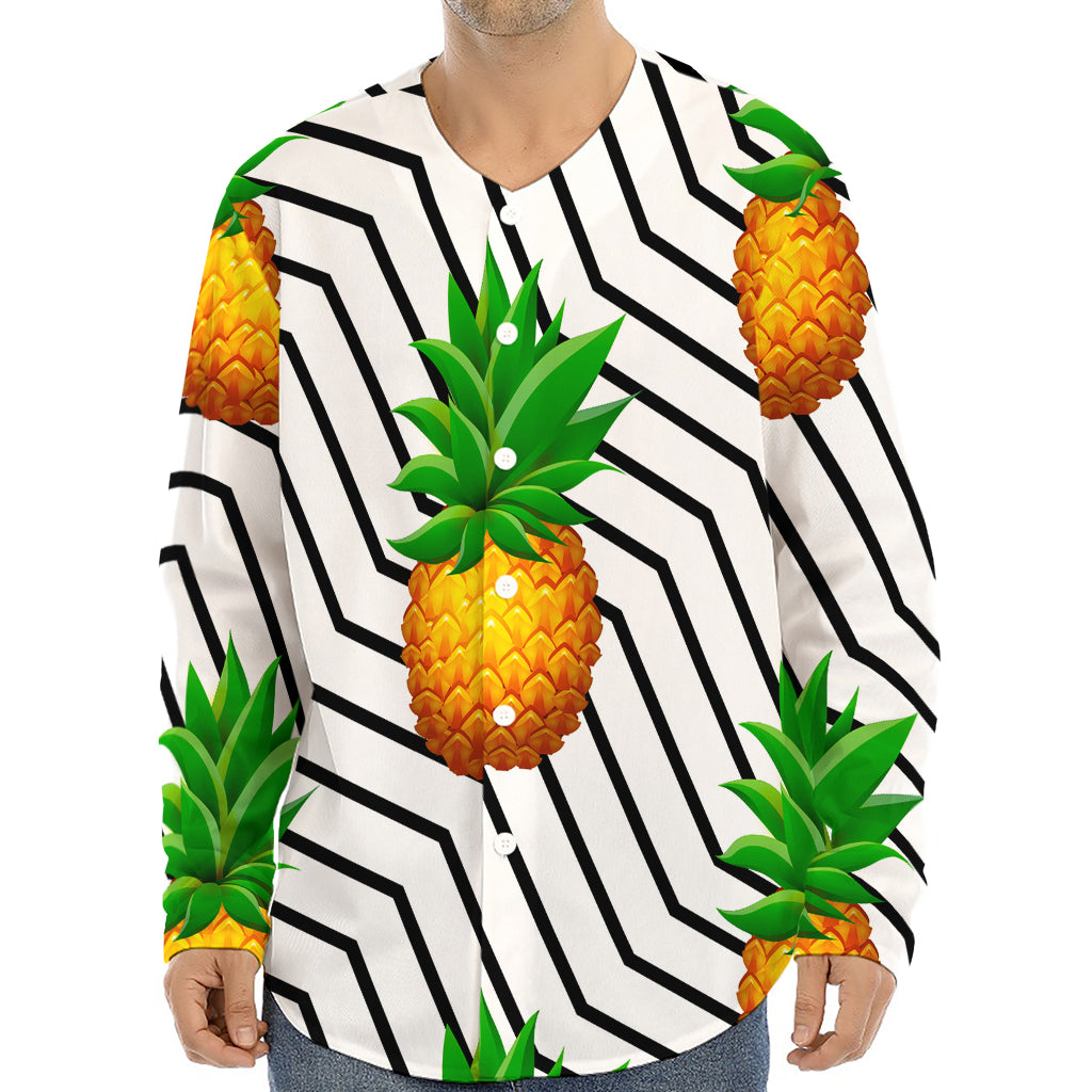 Black Geometric Pineapple Pattern Print Long Sleeve Baseball Jersey