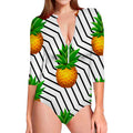 Black Geometric Pineapple Pattern Print Long Sleeve Swimsuit