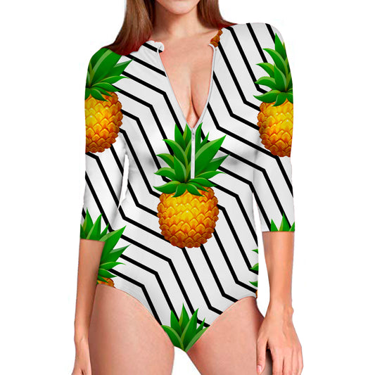 Black Geometric Pineapple Pattern Print Long Sleeve Swimsuit
