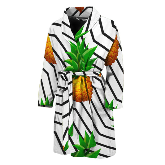 Black Geometric Pineapple Pattern Print Men's Bathrobe