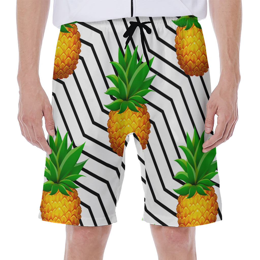 Black Geometric Pineapple Pattern Print Men's Beach Shorts